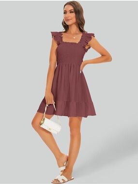 Boho Ruffled Square-Neck Smocked Mini Dress, Soft-Rust Colored, Size XS